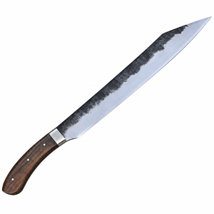 Couteau de boucher forgé à la main avec manche en bois brun foncé, lame argentée et finition martelée noire pour la découpe de viande - Product Image 1