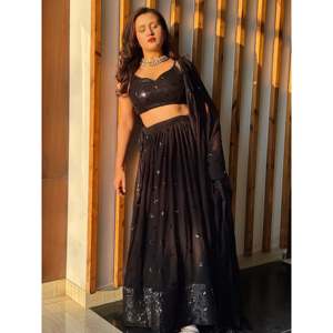 Black <b>Sequin</b> Georgette Strapless Lehenga Choli for Evening Parties - Product Image 5