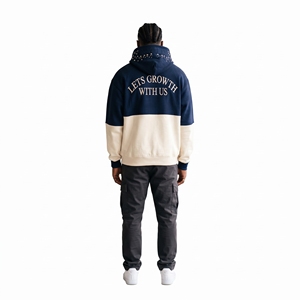 <b>Men</b> Two Tone <b>Navy</b> Cream Hoodie Pullover Streetwear <b>Fleece</b> Sweatshirt Rhinestone Hood Detail Custom OEM ODM Wholesale Fit - Product Image 5