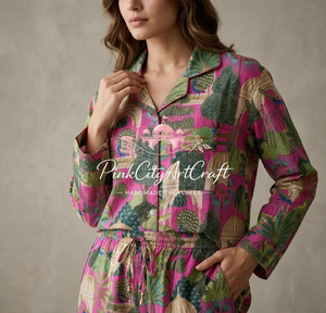 Ensemble de pyjama d'été en coton rose de qualité supérieure pour femmes, chemise à manches longues faite à la main, pantalon de détente décontracté, imprimé ethnique, séchage rapide - Product Image 4