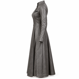 Grey <b>Leather</b> Duster Coat Pleated Flare Asymmetric Zip Trench Jacket Womens Custom Made To Order Manufacturing Service - Product Image 4