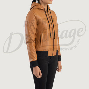 Women Tan Real <b>Leather</b> Hooded Bomber <b>Jacket</b> Black Ribbed Trim Slim Fit Premium Sheepskin Casual Winter Outerwear Fashionable - Product Image 4