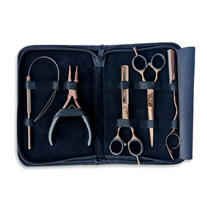 Kit d'outils professionnels pour extensions de cheveux naturels, avec ciseaux de barbier, logo personnalisé, haute qualité, argent et or rose, prix de gros - Product Image 1