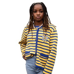 Cárdigan a Rayas Sigma Gamma Rho, Suéter Amarillo y Azul con Botones para Mujer, Estilo Casual de la Hermandad Griega, Tejido Premium - Product Image 1