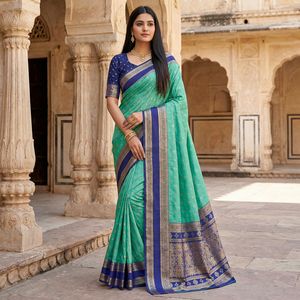 Sari Tradicional Indio de Seda Banarasi con Trabajo de Tejido Zari para Bodas y Eventos Festivos, Atuendo para Mujer - Product Image 3