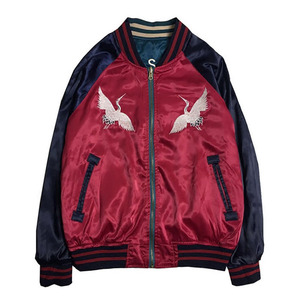 Men's <b>Red</b> Bomber <b>Jacket</b> With White Crane Embroidery Navy Sleeves Zipper Front Vintage Style Satin Lining - Product Image 1