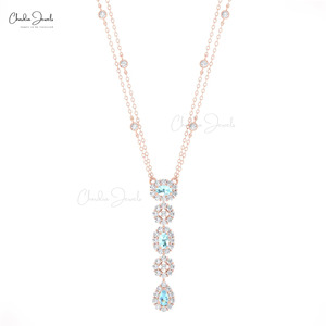 สร้อยคอทองคำแท้ 14k ประดับพลอยอะความารีนทรงหยดน้ำขนาด 5x3 มม. และเพชรแบบคลัสเตอร์ งานสั่งทำพิเศษจากอินเดีย - Product Image 2