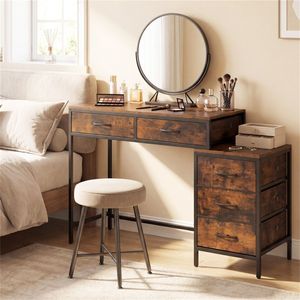 Scrivania Industriale per Casa e Ufficio con 5 Cassetti, Ripiano Reversibile per Stampante, Telaio in Metallo Resistente, Stile Rustico - Product Image 2