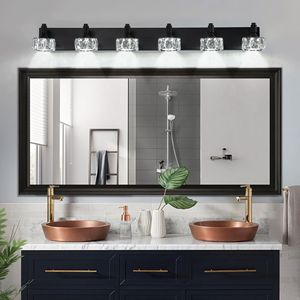 Moderna Lampada da Parete a 6 Luci LED Nera Opaca con Eleganti Paralumi in Cristallo per Bagno - Product Image 3
