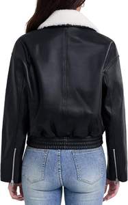 Blouson bomber en cuir PU marron avec col en fausse fourrure, fermeture éclair, unisexe, vêtement d'hiver, style moto, longueur courte - Product Image 6