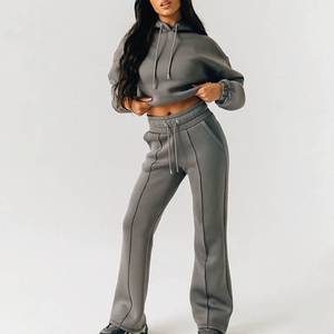 Women's Hooded Cropped <b>Sweatshirt</b> Set Solid Color Knitted Full <b>Sleeve</b> Zipper Design Winter Casual Style Polyester Drawstring - Product Image 1