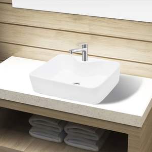 Lavabo Cuadrado de Cerámica Blanco para Baño con Orificio para Grifo - Product Image 1
