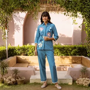 Blue Linen Cotton Embroidered Floral Shirt and <b>Trousers</b> Set for Women with Turn-<b>down</b> Collar and Three Quarter Sleeve Casual Wear - Product Image 2