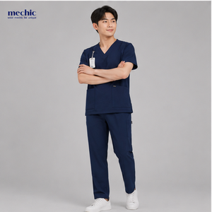 Conjunto de uniforme médico antiarrugas para hombre, color azul marino, cuello en V, manga corta, tela tejida de algodón y poliéster - Product Image 4