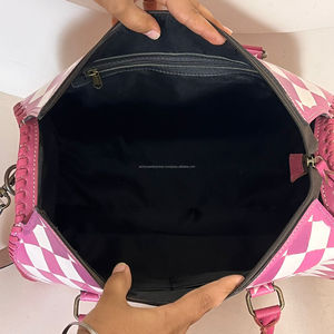 Pink & White Checkered Large Speedy Bag with Turquoise Concho Hand <b>Tooled</b> Cow <b>Leather</b> Crossbody Handbags Stylish Travel Duffels - Product Image 6