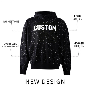 Custom Rhinestone Dot Print Hooded Sweatshirt Men Oversized 420GSM Cotton Heavyweight Back Logo Design - Product Image 2