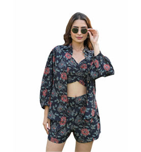 Chemise en coton à imprimé floral bleu foncé, ensemble trois pièces avec crop top pour femmes, prix de gros disponible - Product Image 1