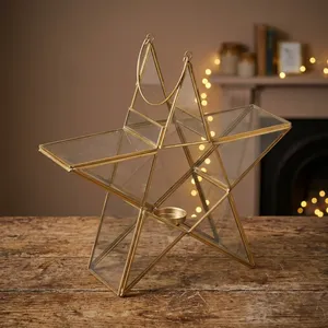 Magnifique porte-bougie en métal géométrique en forme d'étoile avec panneaux en verre et insert en verre, parfait pour de magnifiques décorations de fêtes. - Product Image 6