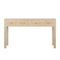 Table console de salon moderne haut de gamme en bois avec incrustations en os, détails artistiques faits à la main, design écologique et tiroirs