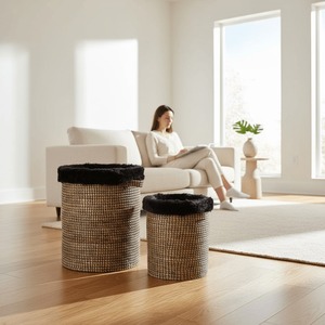 Set of 2 Seagrass <b>Baskets</b> with Faux Fur Trim Handmade <b>Storage</b> <b>Basket</b> Wholesale eco-friendly Made in viet Nam - Product Image 5