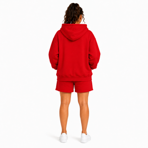 Women's Red Hooded Sweatshirt Shorts <b>Set</b> Cotton Fleece Loose Fit Drawstring Pocket Casual Anti-Shrink Customizable Sports - Product Image 2