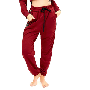 Women Red Hooded Cropped Sweatshirt & <b>Jogger</b> <b>Set</b> Full Sleeve Solid Color Casual Tracksuit With Side Pockets Drawstring Waist - Product Image 4