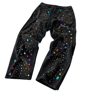 Jeans Personalizados con Pedrería para Mujer, Jeans Anchos con Pedrería, Jeans Holgados de Pierna Ancha con Pedrería - Product Image 1