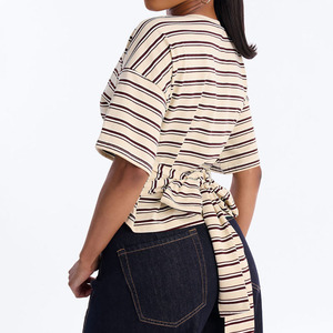 Camiseta de Manga Corta con Cuello Redondo y Rayas para Mujer, Corte Regular, Tejido de Algodón, Informal, con Lazo en la Espalda, para Verano - Product Image 2