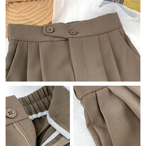 Pantalon large plissé taille haute pour femme, coupe ample, longueur cheville, couleur unie, style décontracté automne, en crêpe, fermeture boutonnée - Product Image 5