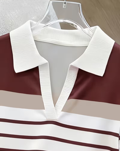 Women's Breathable Midi Striped Polo Collar Knit Dress Short Sleeve Casual Summer Button Bodycon Sweater - Product Image 4