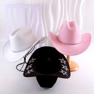 Chapeau de cowboy noir avec broderie d'étoiles scintillantes, style punk pour femmes, fête, printemps, été, 56-58 cm - Product Image 2