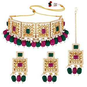 Pendientes de Cristal Geométricos Chapados en Oro de 22K, Conjunto de Joyería de Boda para Mujer, Collar y Pendientes con Incrustaciones de Perlas Étnicas - Product Image 1