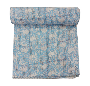 Classic <b>Hand</b> Block Blue Floral Cotton Quilt <b>Hand</b> <b>Stitched</b> Quilted Home Decor All-Season - Product Image 1