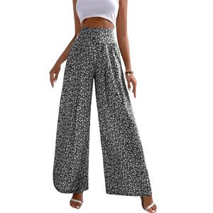 Pantalones rectos de cintura media para mujer, corte holgado, cintura elástica, longitud completa, estilo casual bohemio de primavera - Product Image 1