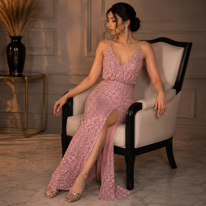 Luxury Rose Gold Sequin Evening Dress Women Deep V Neck Spaghetti Strap Bodycon Maxi Gown <b>Thigh</b> High Slit Formal Prom Cocktail - Product Image 4