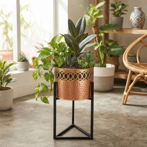 Hammered Gold Metal <b>Planter</b> on Black Tripod Stand Decorative Indoor Plant Pot Factory OEM ODM Export - Product Image 1