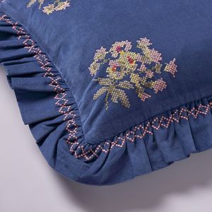 Blue Hand Embroidered Floral Cushion Cover with Ruffle Trim Cotton Custom Logo OEM - Product Image 2