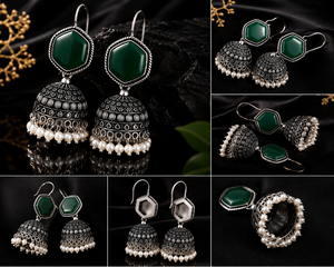 Green Onyx Stone Brass Oxidized <b>Silver</b> Jhumka Drop Ethnic Bohemia <b>Dangle</b> <b>Earrings</b> Handmade Pearl Women Wholesale Jewelry - Product Image 5