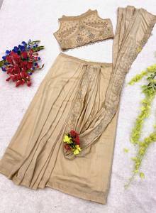 Lehenga Saree Indio de Georgette Estrellado Premium Beige con Blusa Bordada y Borde de Lentejuelas, Traje de Fiesta y Boda para Mujer - Product Image 6