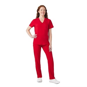 Ensemble de blouses médicales rouges pour femmes, haut à manches courtes et col en V avec poches, uniforme d'hôpital, mélange de coton et de polyester tissé - Product Image 1