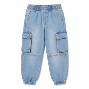 Pantalon cargo en jean ample et confortable pour garçons, style vintage, en coton élasthanne, taille élastique, jean doux et épais, multi-poches, avec revers. - Product Image 6