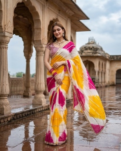 Pink Yellow White Printed Saree Sequin Trim Blouse <b>Net</b> <b>Dupatta</b> Woven Festive Dress - Product Image 1
