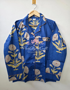 Conjunto de Pijama de Manga Larga para Mujer, Diseño Floral en Algodón Azul, Hecho a Mano, Transpirable, para Primavera, Verano y Otoño - Product Image 5