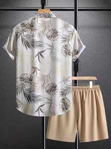 Conjunto de Camisa y Pantalones Cortos Casuales de Verano para Hombre, 100% Algodón Transpirable, con Estampado de Hojas de Coco - Product Image 4