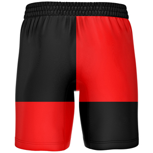 Pantalones cortos deportivos para hombre en rojo y negro, cintura elástica, secado rápido, tejido de poliéster, ajuste atlético, corte medio con bolsillos. - Product Image 2