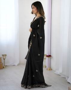 Sari Moderno de Seda Suave para Mujer, con Bordado de Lentejuelas, de Secado Rápido, para Bodas y Fiestas - Product Image 5