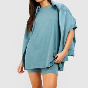 Ensemble 2 pièces tricoté pour femme, bleu, col rond, coupe ample, haut décontracté, longueur au-dessus du genou, usage quotidien, printemps-été, couleur unie - Product Image 1