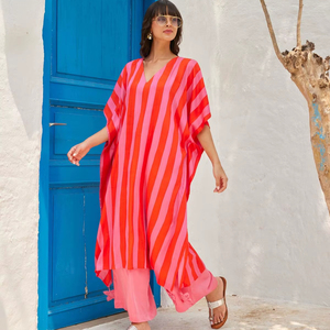 Women's 100% Cotton Cambric Candy Stripe V Neck Three Quarter Sleeve Loose Fit Lightweight Beachwear <b>Kaftan</b> <b>Dress</b> - Product Image 1