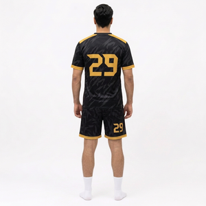 ชุดเสื้อฟุตบอลแบบยูนิเซ็กซ์ สีดำเหลือง พิมพ์ลายแบบซับลิเมชั่น ผ้าโพลีเอสเตอร์ 100% แขนสั้น คอกลม ระบายเหงื่อได้ดี ทรงสปอร์ต รับสั่งทำสำหรับทีม - Product Image 4