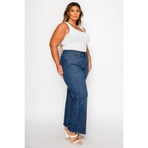 Jeans Anchos de Cintura Alta para Mujer, Talla Grande, Color Azul Oscuro, Elásticos, Cómodos, Casuales, Holgados, 100% Algodón, para Uso Diario - Product Image 1